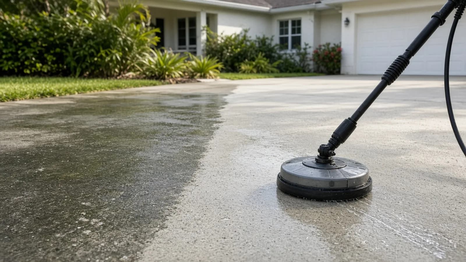 Concrete driveway showing a clean path next to remaining dirt and algae staining