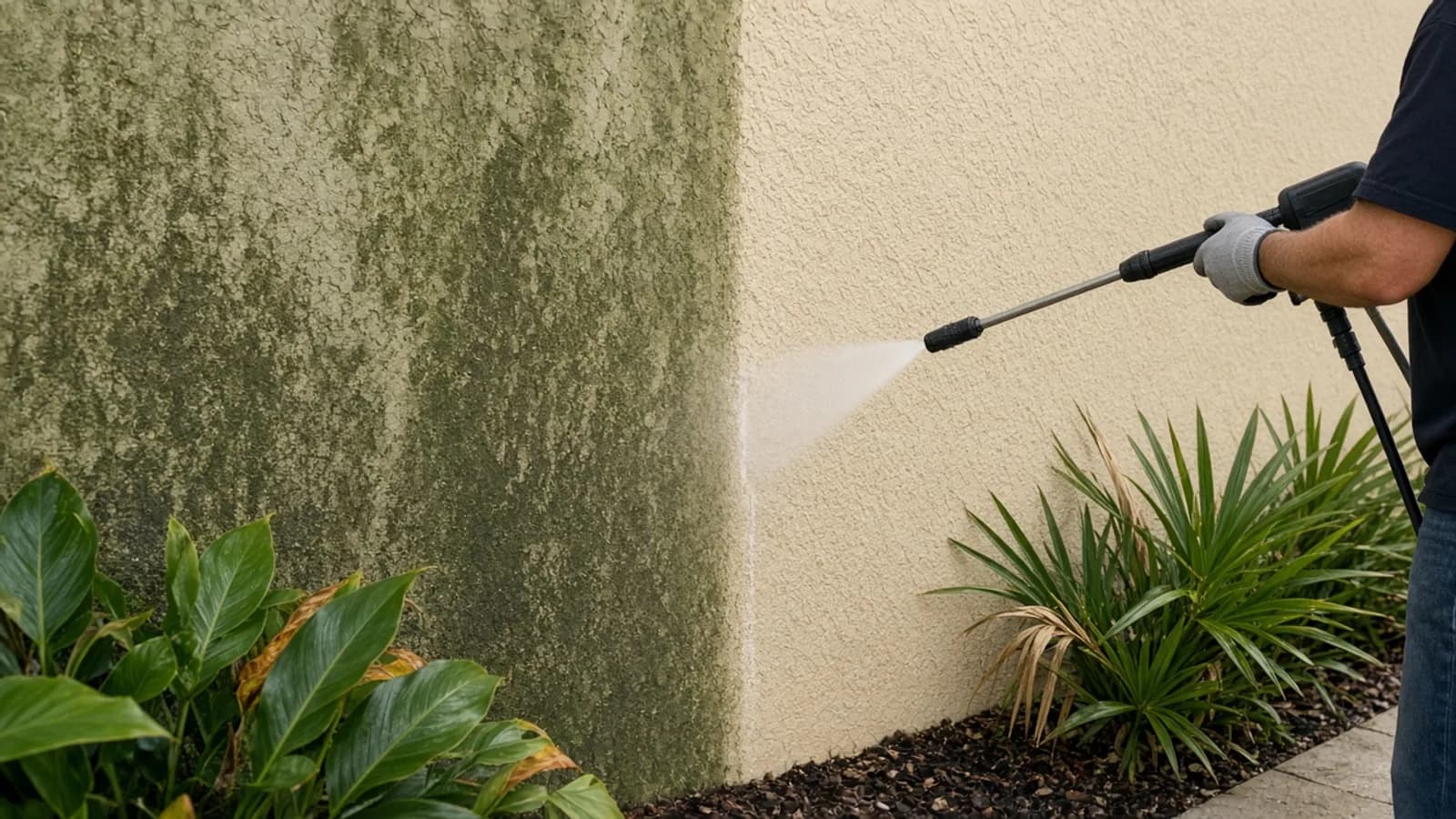 Stucco wall with a visible clean section next to remaining green algae staining