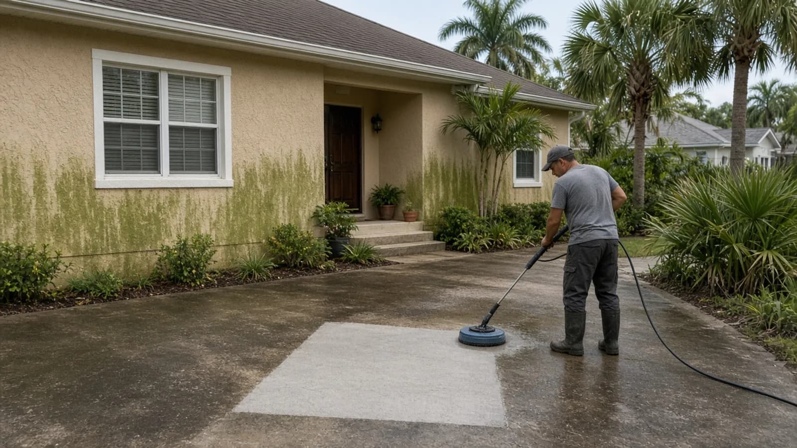 Florida home with algae on lower stucco and a darkened driveway being surface cleaned