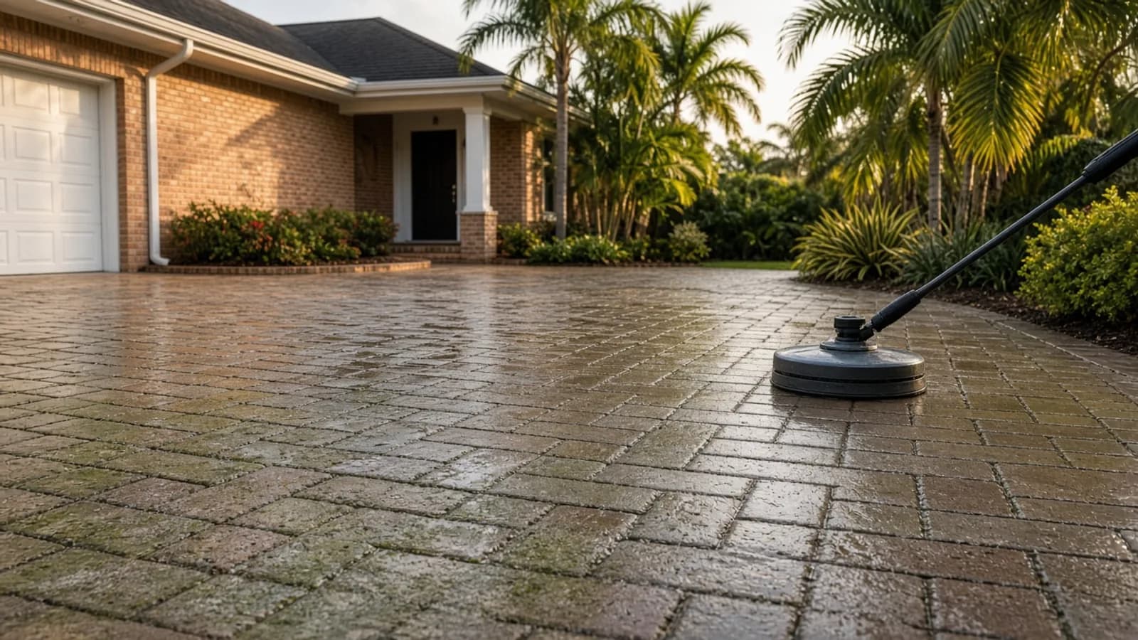Wet interlocking brick pavers on a Florida driveway during professional cleaning