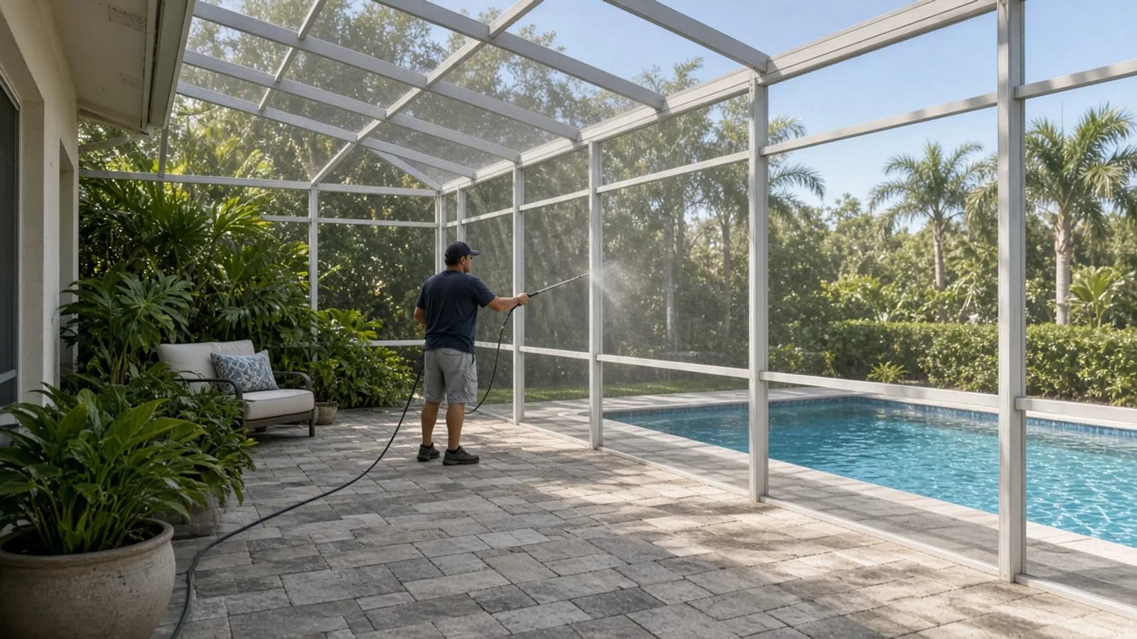 Screened Florida pool cage with aluminum framing, pool deck, and pool water visible