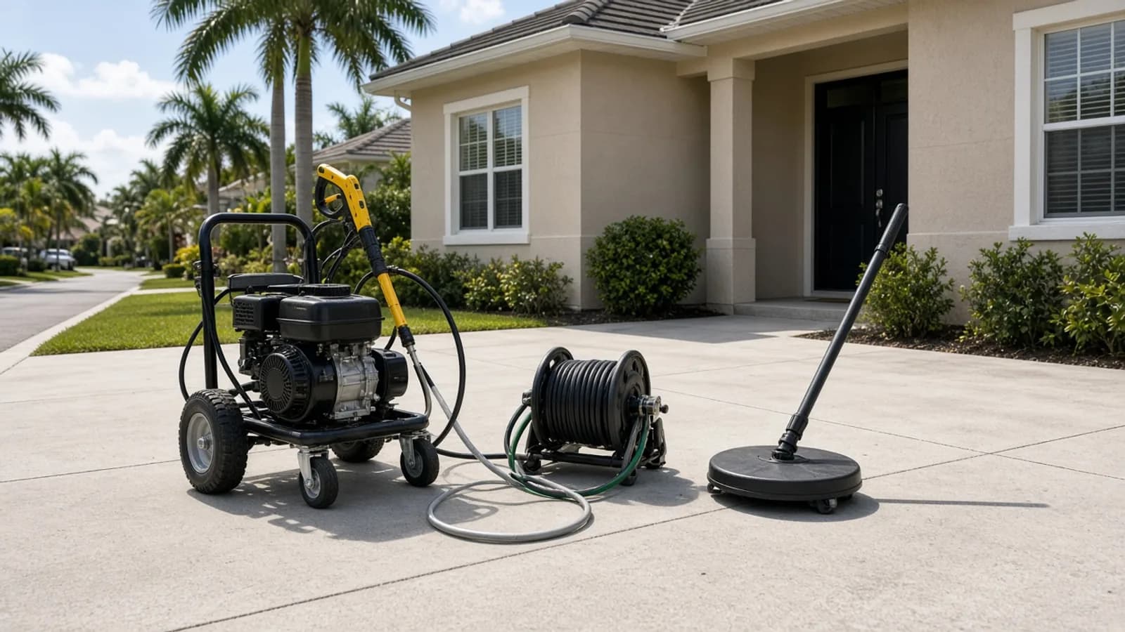Pressure washing equipment and hoses set up on the driveway of a Florida suburban home