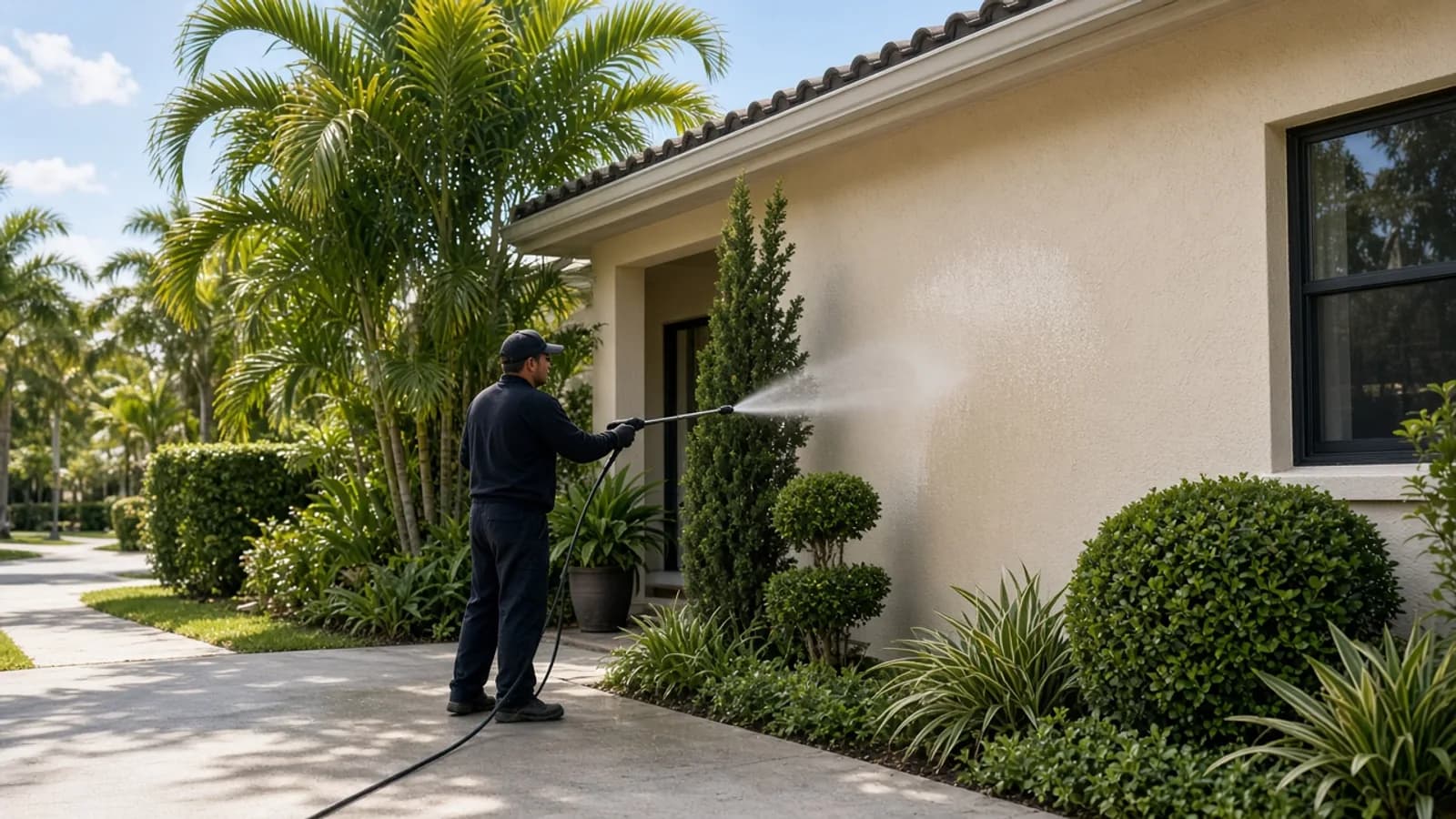 Technician washing the beige stucco wall of a Florida home with tropical landscaping nearby