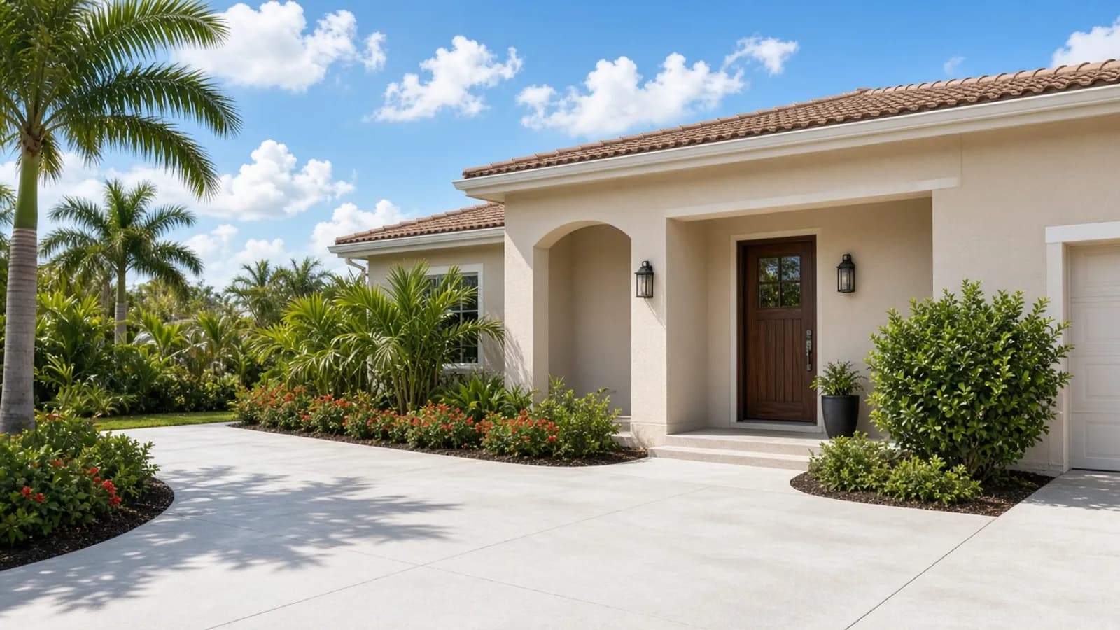 Clean beige stucco Florida home with tropical landscaping and a bright concrete driveway
