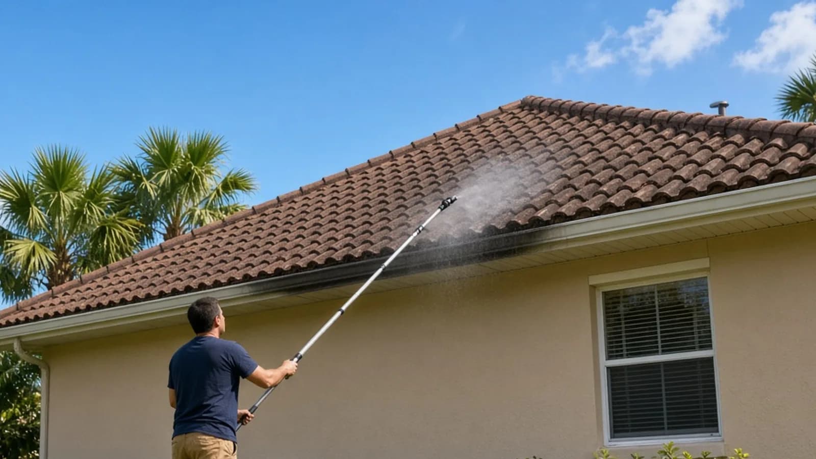 Technician on the ground using a telescoping wand to soft wash a Florida tile roof