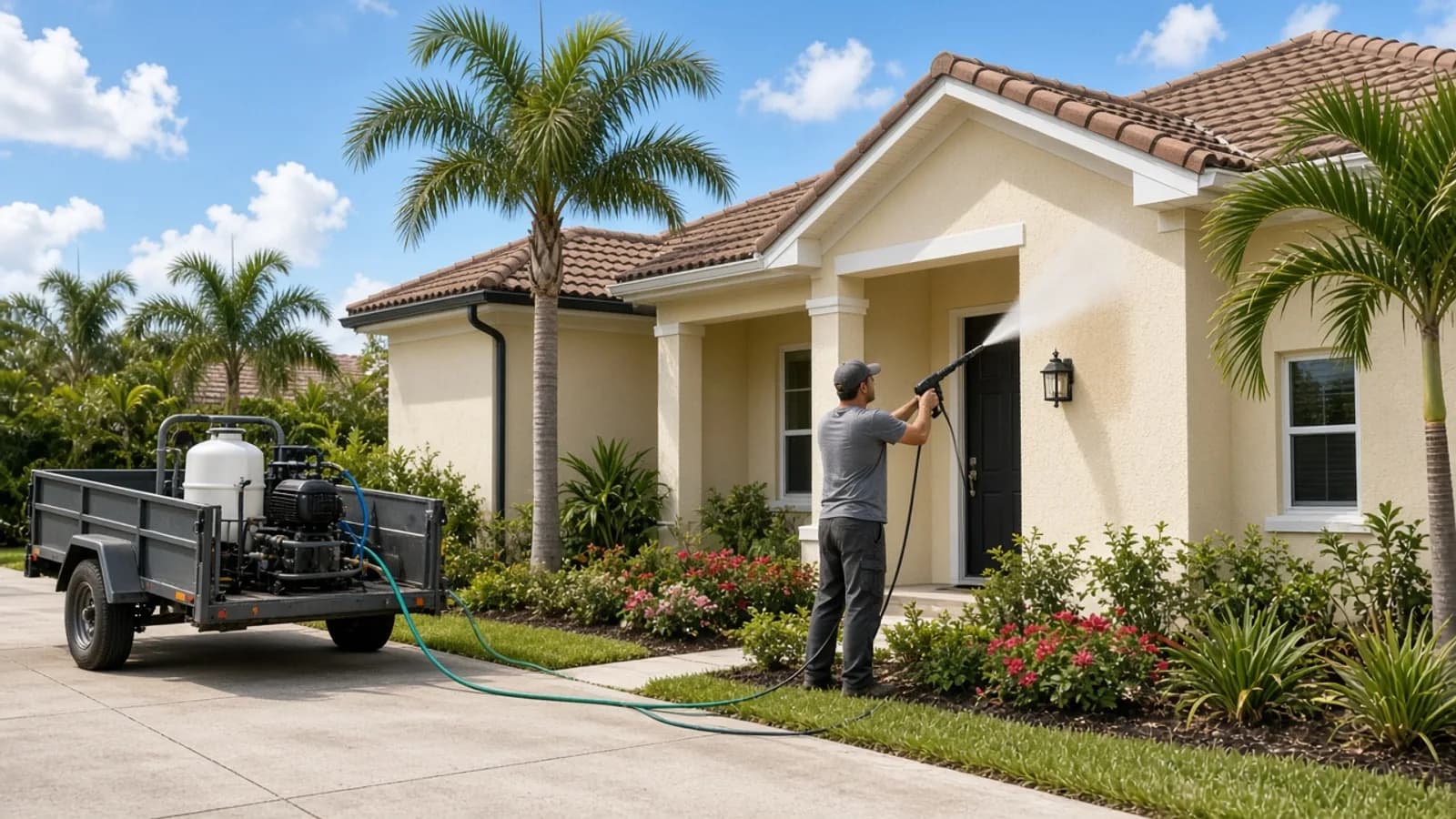 Soft-washing equipment and a technician treating the stucco wall of a Florida house