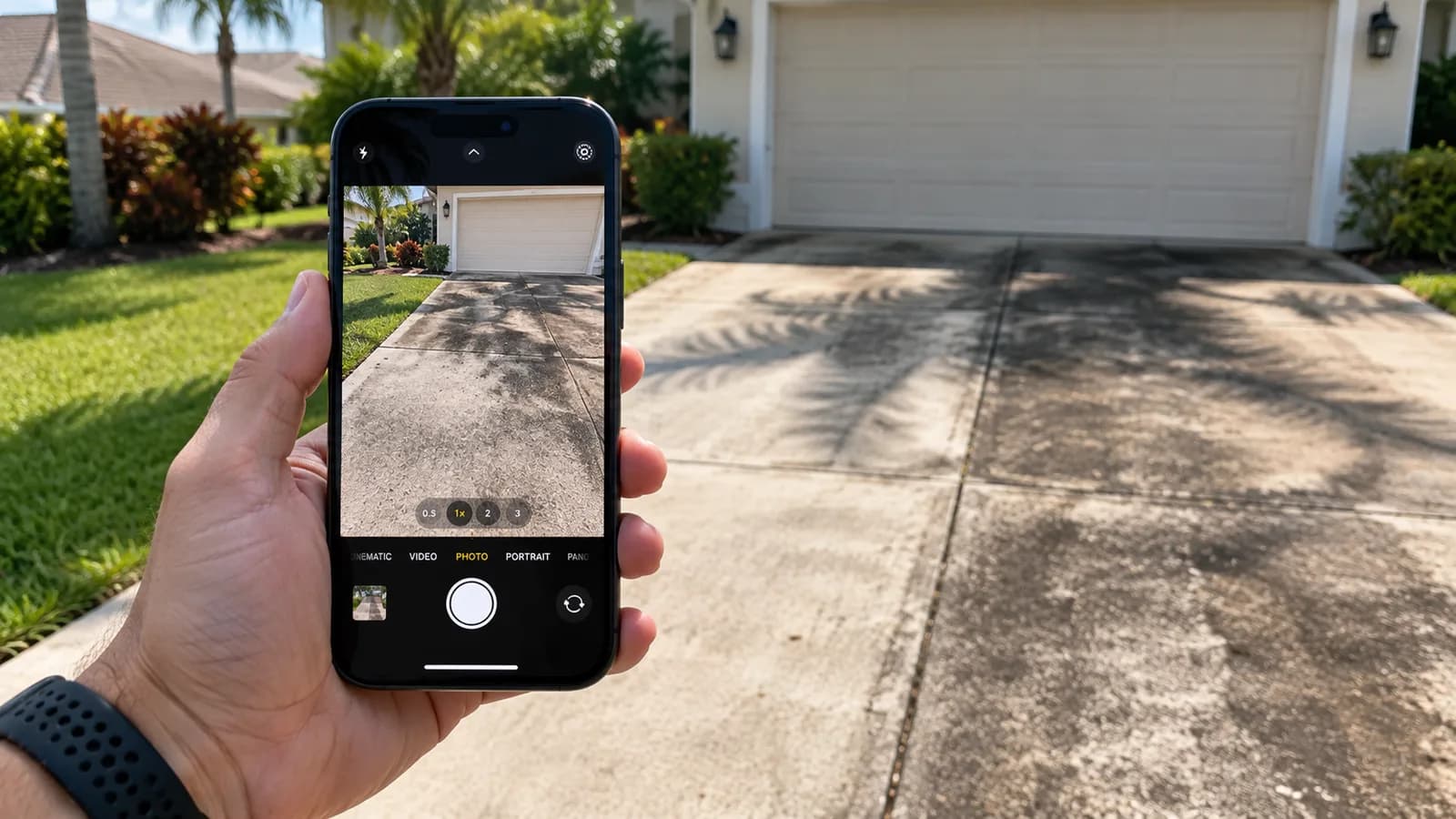 Homeowner taking a photo of a dirty driveway before texting Guns N' Hoses for a pressure cleaning estimate