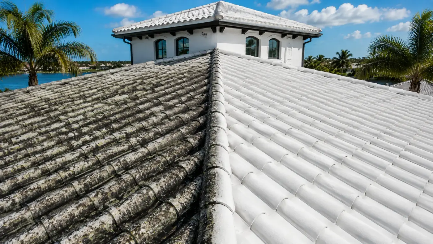 Soft wash roof cleaning on a tile roof in Sarasota, Florida