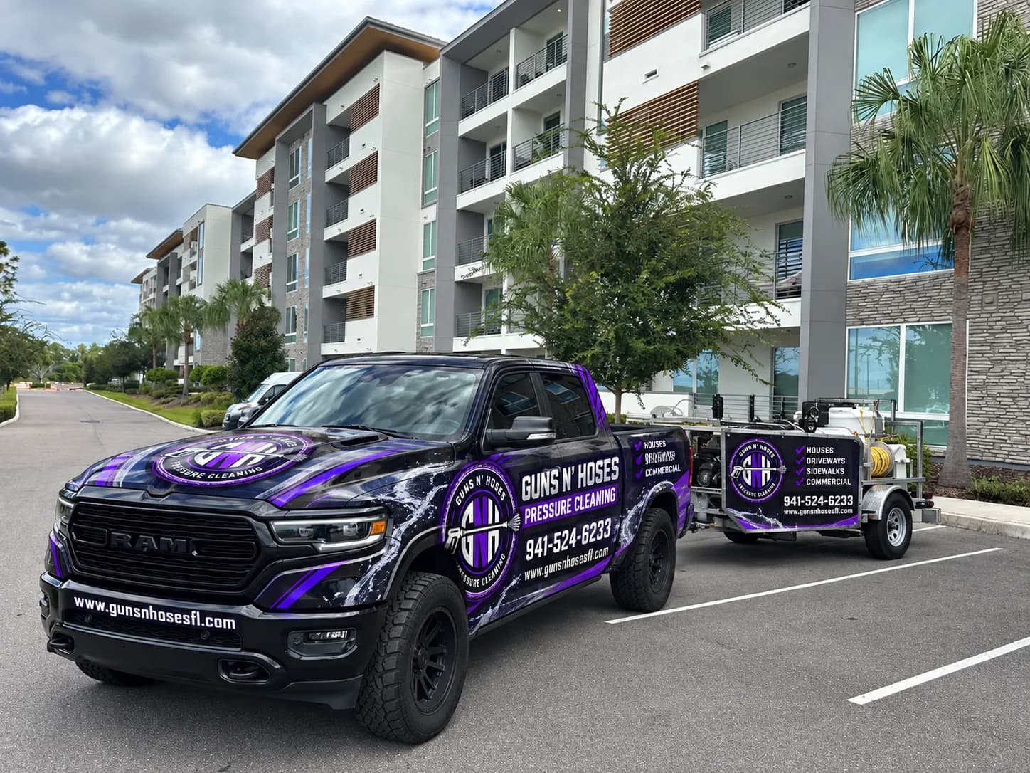 Guns N Hoses wrapped truck and trailer on a job in Sarasota and Bradenton